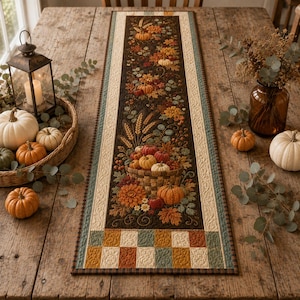 May include: A rectangular quilted table runner featuring a dark brown central panel with an embroidered design of pumpkins, wheat, and autumn leaves in a basket, bordered by cream, teal, and brown fabric strips with a checkered pattern at the ends.