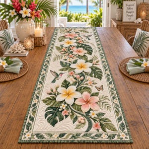 May include: A rectangular quilted table runner featuring a cream-colored background with a printed pattern of white and pink plumeria flowers, green monstera leaves, hummingbirds, and butterflies, finished with a dark green decorative border.