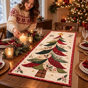 Könnte beinhalten: Ein rechteckiger, gesteppter Tischläufer mit einem zentralen Weihnachtsbaum-Design, das aus geschichteten Stoffsegmenten in Rot, Grün und Creme mit Stechpalmen- und Karomustern besteht, gekrönt von einem goldenen Stern auf cremefarbenem Grund.