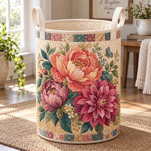 May include: A cylindrical fabric laundry basket featuring a cream-colored quilted background with a large floral print of pink and red peonies and dahlias. The basket has two cream fabric handles and a decorative border of small colorful squares.