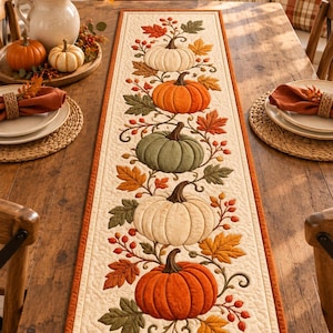 May include: A rectangular quilted table runner featuring a central vertical design of five pumpkins in shades of white, orange, and sage green, surrounded by embroidered autumn leaves and red berries on a cream background with an orange border.