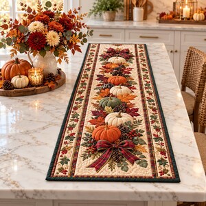 Quilted Pumpkin Table Runner, Autumn Floral Border, Thanksgiving Dining Decor