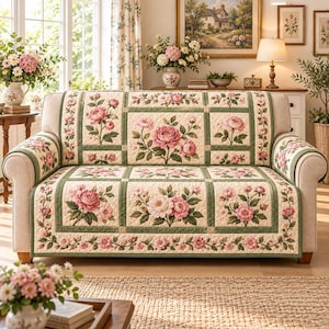 May include: A cream-colored sofa cover featuring a quilted grid pattern with pink floral motifs and green borders. The fabric displays detailed illustrations of blooming peonies and rose-like flowers, providing a structured, decorative layer over the furniture.