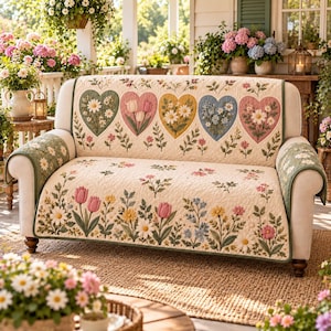 May include: A cream-colored sofa cover featuring a quilted texture with five heart-shaped panels containing floral arrangements. The cover is decorated with embroidered tulips, daisies, and small wildflowers in shades of pink, yellow, and blue.