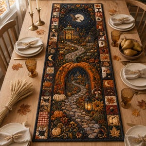 Può includere: Un runner da tavola rettangolare in tessuto con una dettagliata scena autunnale che include un sentiero in pietra, un grande arco di zucca, un gazebo e una luna piena. Il bordo è composto da piccoli quadrati patchwork con motivi stagionali.