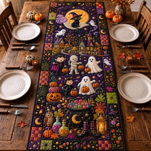 May include: A rectangular fabric table runner featuring a vibrant Halloween-themed print with a black cat, ghosts, a vampire, a mummy, pumpkins, a cauldron, and autumn leaves on a dark purple background, centered on a rustic wooden dining table.