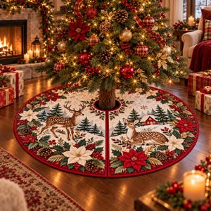 May include: A circular Christmas tree skirt featuring a quilted design with a winter forest scene. The fabric displays two deer, pine trees, a small red house, white and red poinsettia flowers, holly berries, and pinecones on a cream background.