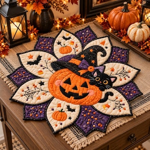 Halloween Quilted Table Topper, Pumpkin Cat Witch Hat Table Mat, Halloween Table Centerpiece, Fall Home Decor, Spider Web Quilt