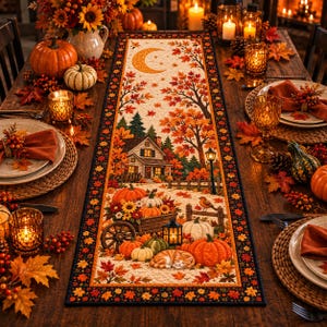 Puede incluir: Un camino de mesa rectangular con una escena otoñal impresa que muestra una casa, calabazas, una carretilla, un gato naranja durmiendo y una luna creciente, bordeado por un marco oscuro con un patrón repetitivo de hojas de otoño.