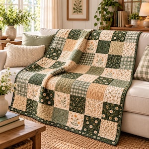May include: A patchwork quilt featuring a repeating grid of square fabric panels in shades of forest green, cream, and muted yellow. The design includes floral patterns, small daisy prints, and green and white gingham checks with quilted stitching.