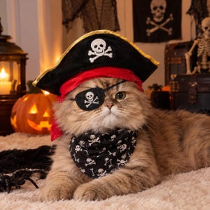 Disfraz de pirata de Halloween para gatos y perros, conjunto de sombrero, parche y bufanda de pirata para mascotas, disfraz divertido para gatos, atuendo de Halloween para perros pequeños.