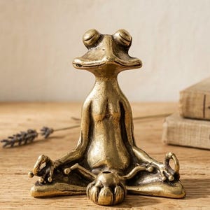 Puede incluir: Una figura de rana de metal en tono dorado representada en posición sentada con las piernas cruzadas, los ojos cerrados y las manos descansando sobre las rodillas en un gesto de mudra. La rana tiene una superficie lisa y texturizada y un objeto.