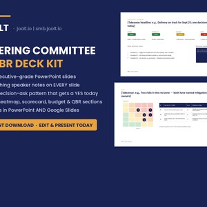 May include: A digital presentation kit titled JOOLT STEERING COMMITTEE & QBR DECK KIT on a dark blue background. It includes 20 PowerPoint slides, speaker notes, a risk heatmap, and a scorecard. Two sample slides show project status and risk tables.