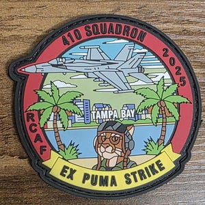 May include: A circular rubber patch featuring a grey fighter jet flying over a city skyline labelled TAMPA BAY. It includes two palm trees, a cartoon puma wearing a flight helmet, and text reading 410 SQUADRON, 2025, RCAF, and EX PUMA STRIKE.