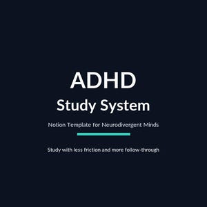 Könnte beinhalten: Eine dunkelblaue digitale Vorlage mit dem Titel ADHD Study System, Notion Template for Neurodivergent Minds, dem Untertitel Study with less friction and more follow-through und dem Text FOCUS FRAMEWORK unten in Türkis und Weiß.