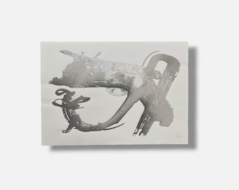 May include: A rectangular print on white paper featuring a gray abstract ink wash design. The composition includes a large, sweeping curved shape with textured, splattered edges and a smaller, intricate, swirling form below it.