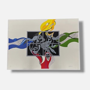 May include: A rectangular art print featuring a central black window frame containing intricate black and white line patterns. Four colorful, flowing shapes in yellow, green, red, and blue extend outward from the center, decorated with detailed line work.