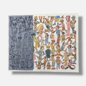 May include: A rectangular print featuring a split design. The left side displays a monochromatic gray illustration of various figures in hats and suits. The right side shows a colorful, detailed scene of numerous figures in motion, including people in suits, hats, and some nude figures, with small numbered heads labeled 1 and 2.