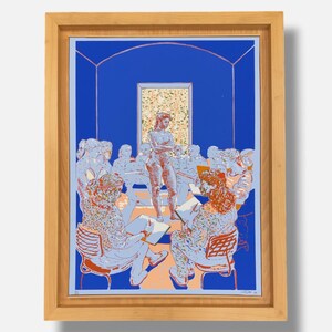May include: A framed art print featuring a life drawing class scene with a central standing figure surrounded by seated students sketching on paper. The composition uses a bold blue background with orange and light blue line work details.