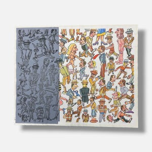 May include: A rectangular print featuring a split composition. The left side displays a monochromatic gray illustration of numerous figures in hats and suits. The right side shows a colorful, detailed scene of various people in motion.