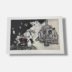 May include: A black and white lithograph print featuring a surreal scene with a large ornate chandelier, a floating figure, and two people kneeling on a rocky base. The composition includes a prominent red arrow and several smaller white arrows.