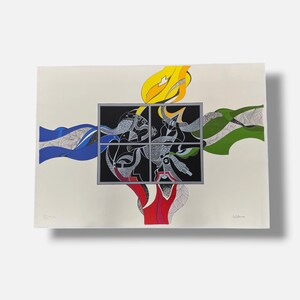 May include: A rectangular art print featuring a central black window frame containing intricate black and white line patterns. Four colorful, flowing shapes in yellow, green, red, and blue extend outward from the window, creating a cross-like composition.
