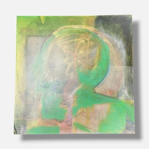 May include: A square abstract painting featuring layered shades of bright green, soft pink, and muted gray. The composition includes a prominent circular form and textured brushstrokes, with a signature and the year 1996 visible in the bottom left corner.