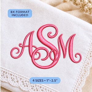 May include: A white fabric piece featuring a hot pink embroidered monogram with the letters ASM in a cursive script. The fabric has a white lace border. Text on the image reads BX FORMAT INCLUDED and 4 SIZES 1 inch to 3.5 inches.