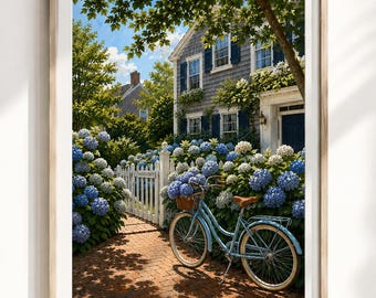 Affiche « Nantucket Hydrangea Cottage » | Illustration de vélo d'été sur la côte de la Nouvelle-Angleterre (Téléchargement numérique)