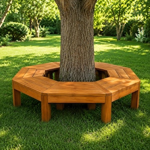 May include: A hexagonal wooden tree bench constructed from light brown planks, featuring a continuous seat that wraps around the trunk of a tree. The bench is supported by sturdy vertical legs and has a smooth, natural wood grain finish.