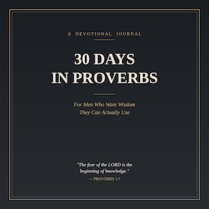 Puede incluir: Una cubierta de diario devocional gris carbón oscuro con un borde dorado fino. El texto dice: A DEVOTIONAL JOURNAL, 30 DAYS IN PROVERBS, For Men Who Want Wisdom They Can Actually Use, y The fear of the LORD is the beginning of knowledge. PROVERBS 1:7.