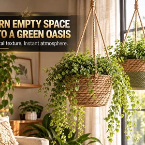 May include: Two hanging plant baskets made of woven natural fibre rope, with the lower portion of one basket featuring a sage green fabric accent. Each basket is suspended by thick rope cords and contains a lush, trailing green plant.