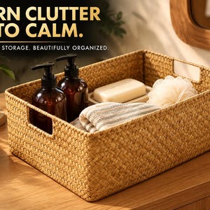 May include: A rectangular woven seagrass storage basket with cutout handles. Inside are two dark amber pump bottles, a white bar of soap on a tray, a beige mesh bath sponge, and a folded striped towel. Text reads: TURN CLUTTER INTO CALM. NATURAL STORAGE. BEAUTIFULLY ORGANIZED.