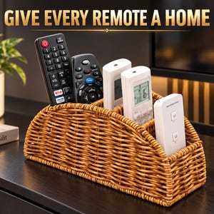 May include: A brown woven wicker remote control holder with four compartments containing two black television remotes and two white air conditioner remotes. The text GIVE EVERY REMOTE A HOME is displayed in gold letters above the organizer.