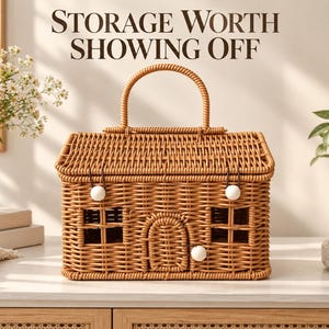 May include: A house-shaped woven rattan storage basket with a top handle, featuring a hinged lid, two windows, and a central arched door. The basket is accented with three small white spherical knobs. The text STORAGE WORTH SHOWING OFF is visible.