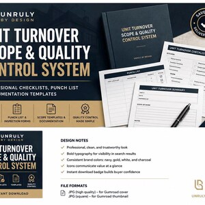 May include: A Unit Turnover Scope & Quality Control System kit featuring a dark blue binder, a punch list, a unit turnover checklist, and a unit turnover summary document. A black pen rests on the papers, which include text and icons in gold and white.