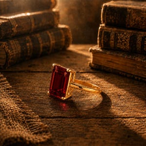 Peut inclure: Une bague en or ornée d'une grande pierre précieuse rectangulaire rouge foncé montée sur quatre griffes. La bague est posée sur une surface en bois sombre et patiné, captant une lumière chaude qui souligne les facettes de la pierre et l'anneau.