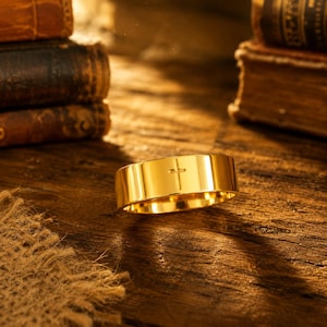 Puede incluir: Un anillo de banda de oro pulido que presenta un símbolo de cruz grabado simple en su superficie exterior. El anillo tiene un acabado liso y reflectante y un perfil plano, mostrando un diseño limpio sin adornos ni piedras adicionales.