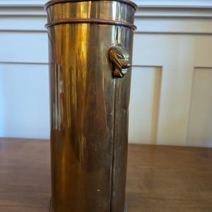 May include: A cylindrical brass umbrella stand with a polished metallic finish. The vessel features a reinforced rim at the top and a decorative lion head motif attached to the upper side. The surface shows vertical reflections and a warm golden hue.