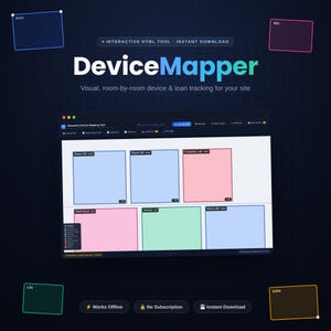 May include: The DeviceMapper software interface displays a grid of colored room rectangles on a dark background. Text includes DeviceMapper, Visual, room-by-room device & loan tracking for your site, Works Offline, No Subscription, and Instant Download.