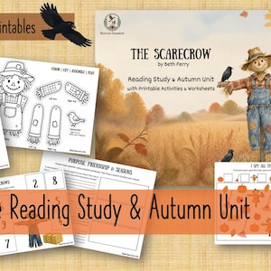May include: A 35-page reading study and autumn unit featuring over 30 activities and printables. The collection includes worksheets with counting exercises, letter tracing, coloring pages of a scarecrow, and an I Spy game with fall themes.