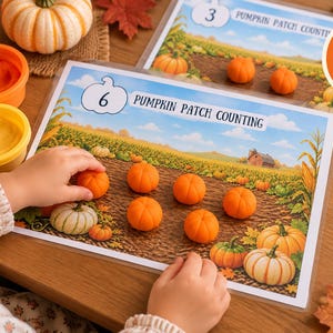 May include: A laminated educational activity mat titled Pumpkin Patch Counting featuring a field illustration with the number 6. The mat includes orange pumpkin-shaped manipulatives, with additional text and icons detailing 10 mats included, number recognition, fine motor skills, counting practice, and preschool use.