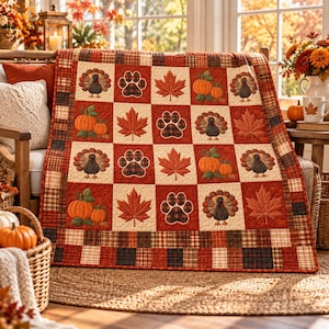 Thanksgiving Turkey Quilt Blanket, Pumpkin Paw Print Fall Throw, Rustic Autumn Farmhouse Decor