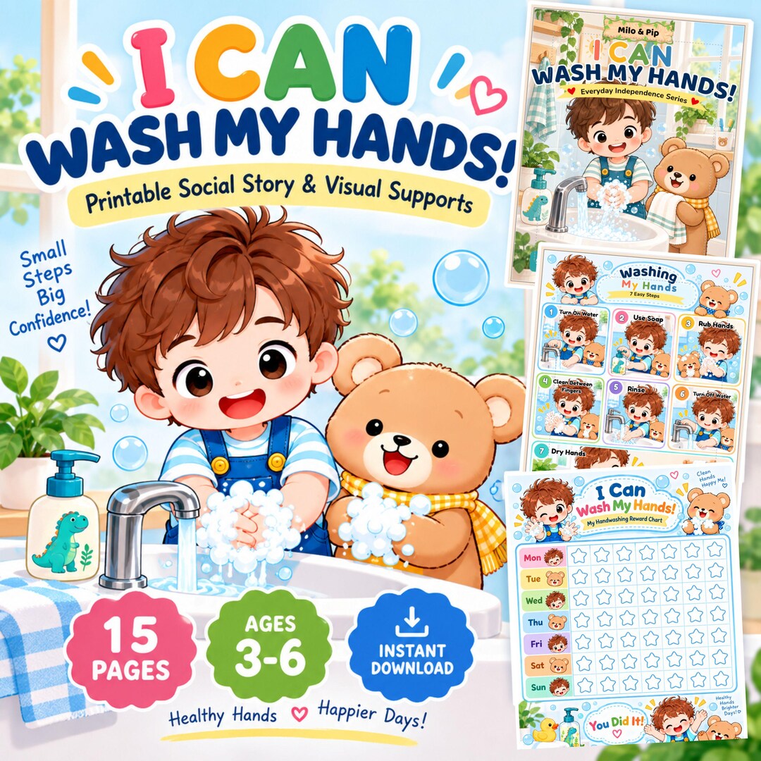 Handwashing Social Story for Kids, Visual Routine Cards, Preschool ...
