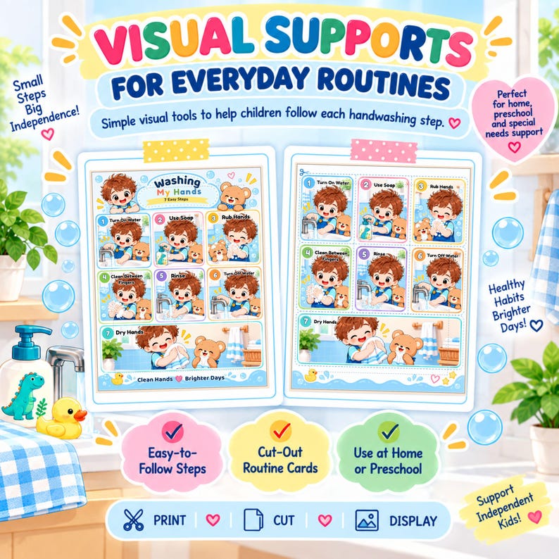 Handwashing Social Story for Kids, Visual Routine Cards, Preschool ...