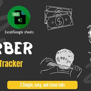 May include: A digital barber income tracker template for Excel and Google Sheets featuring text that reads BARBER Income Tracker and 3 Simple, easy, and clean tabs. Graphics include a barber chair, a barber pole, paper money, and a person getting a haircut.