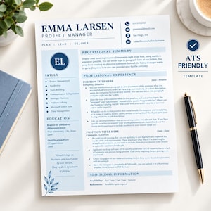 May include: A professional resume template for a project manager named Emma Larsen, featuring a blue and white color scheme, contact icons, a skills list, education section, and professional experience placeholders with text.