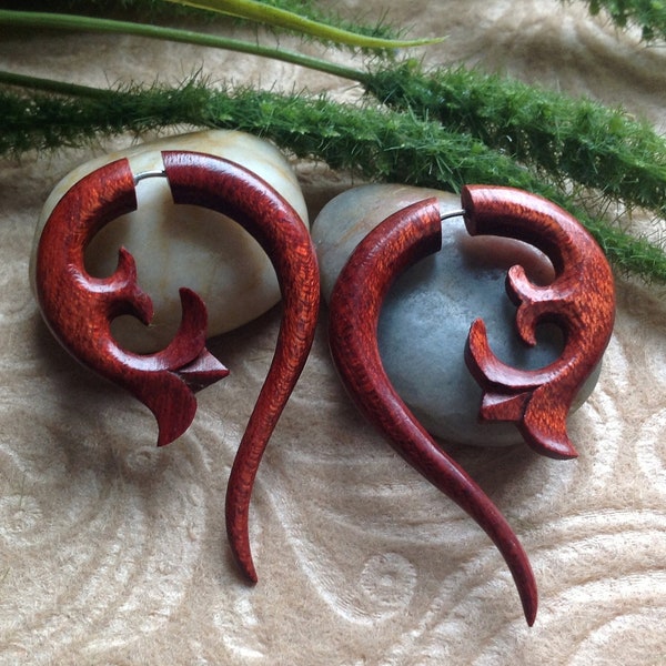 Fake Gauge Earrings - Exotic S. American Bloodwood - Naturally Organic - Hand Carved -Tribal