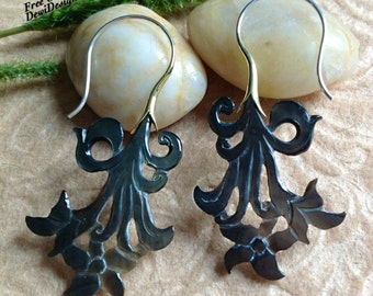 Tribal Hanging Earrings, "Icy Daisy" Naturally Organic, Black Mother of Pearl, Hand Carved