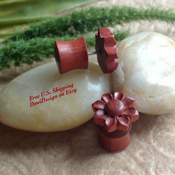 Fake Gauge Plugs, "Ma Petite Fleur" Naturally Organic, Exotic Bloodwood, Hand Carved, Tribal